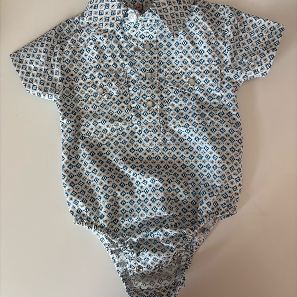 Classic Short-Sleeve Baby One-Piece in White and Blue Geo